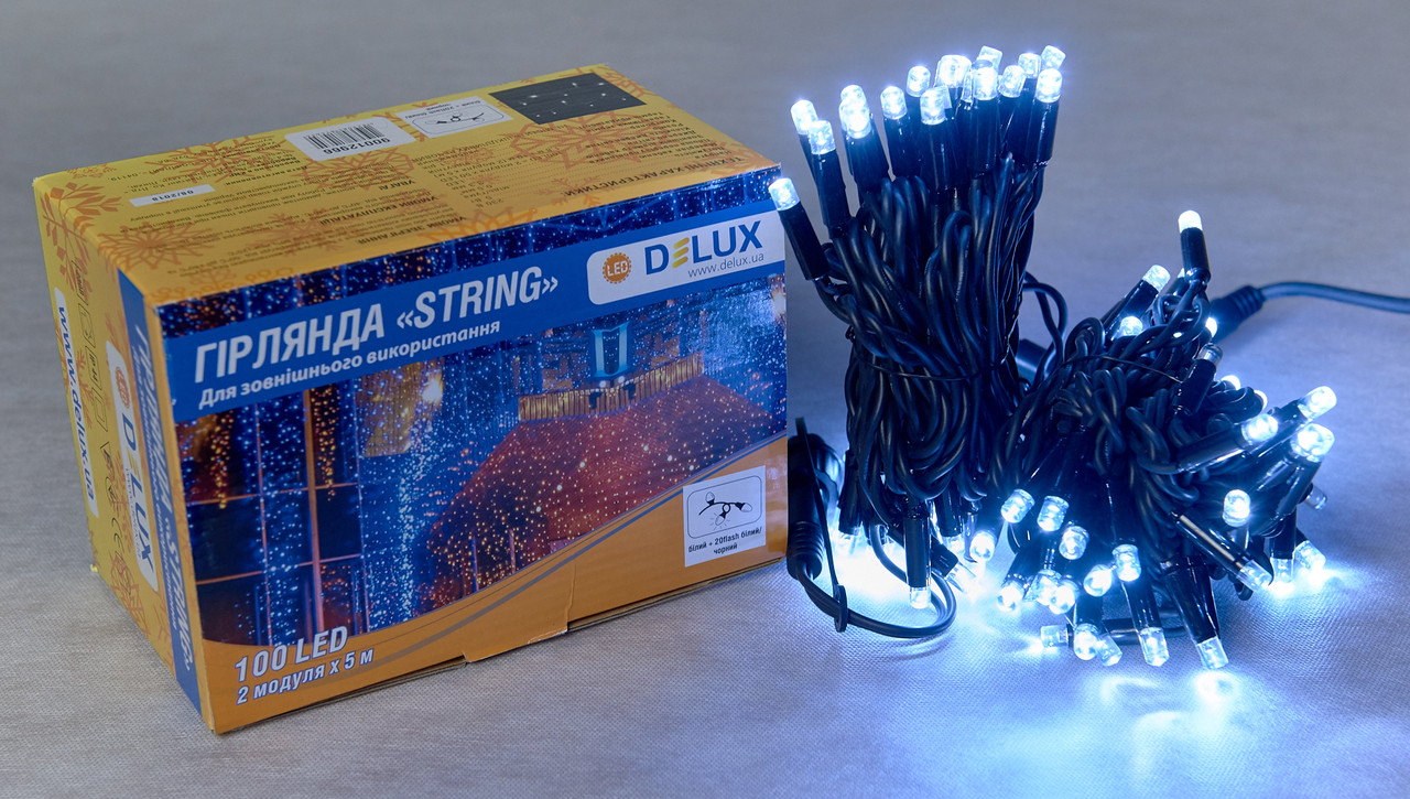 

Гірлянда зовнішня DELUX STRING 100 LED нитка 10m (2x5m) 20 flash білий/чорний IP44 EN