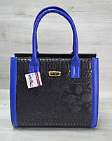 Жіноча сумка Бочонок чорна рептилія з синім гладким