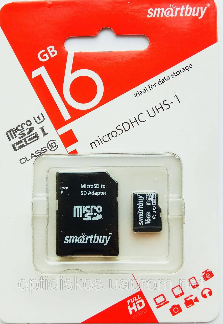 Карта памяти micro SDHC (UHS-1) Smartbuy 16GB Class 10 (с адаптером)