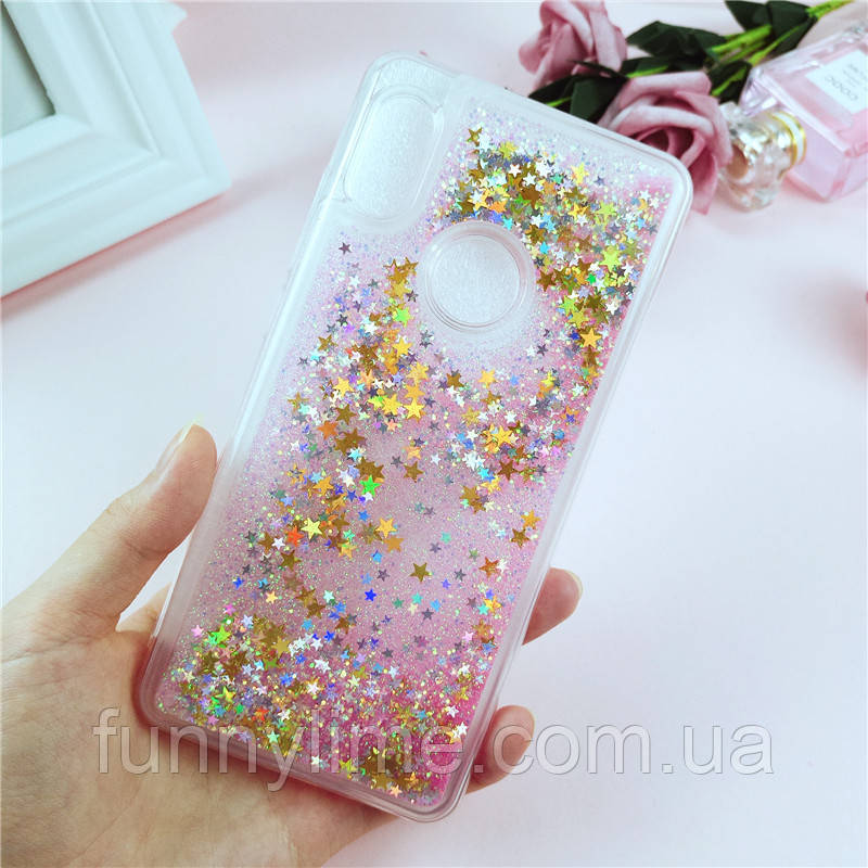 

Чехол Glitter для Huawei P Smart 2019 / HRY-LX1 бампер жидкий блеск звезды Розовый