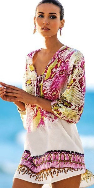 Шифонова пляжна туніка-плаття з малюнком комбінованого кольору, фото 1