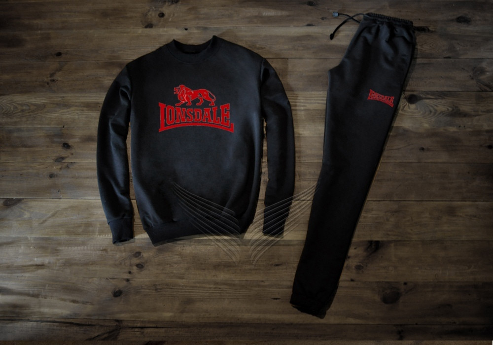 

Мужской спортивный костюм Lonsdale черный с красным на манжете Реплика