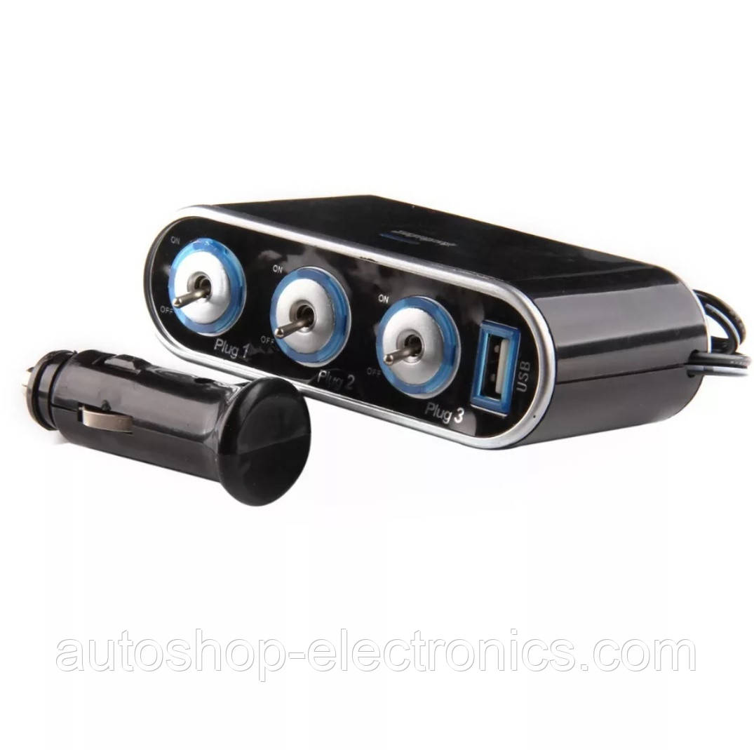 Разветвитель автомобильный ( 12V / 24V ) + USB + подсветка / Тройник в .