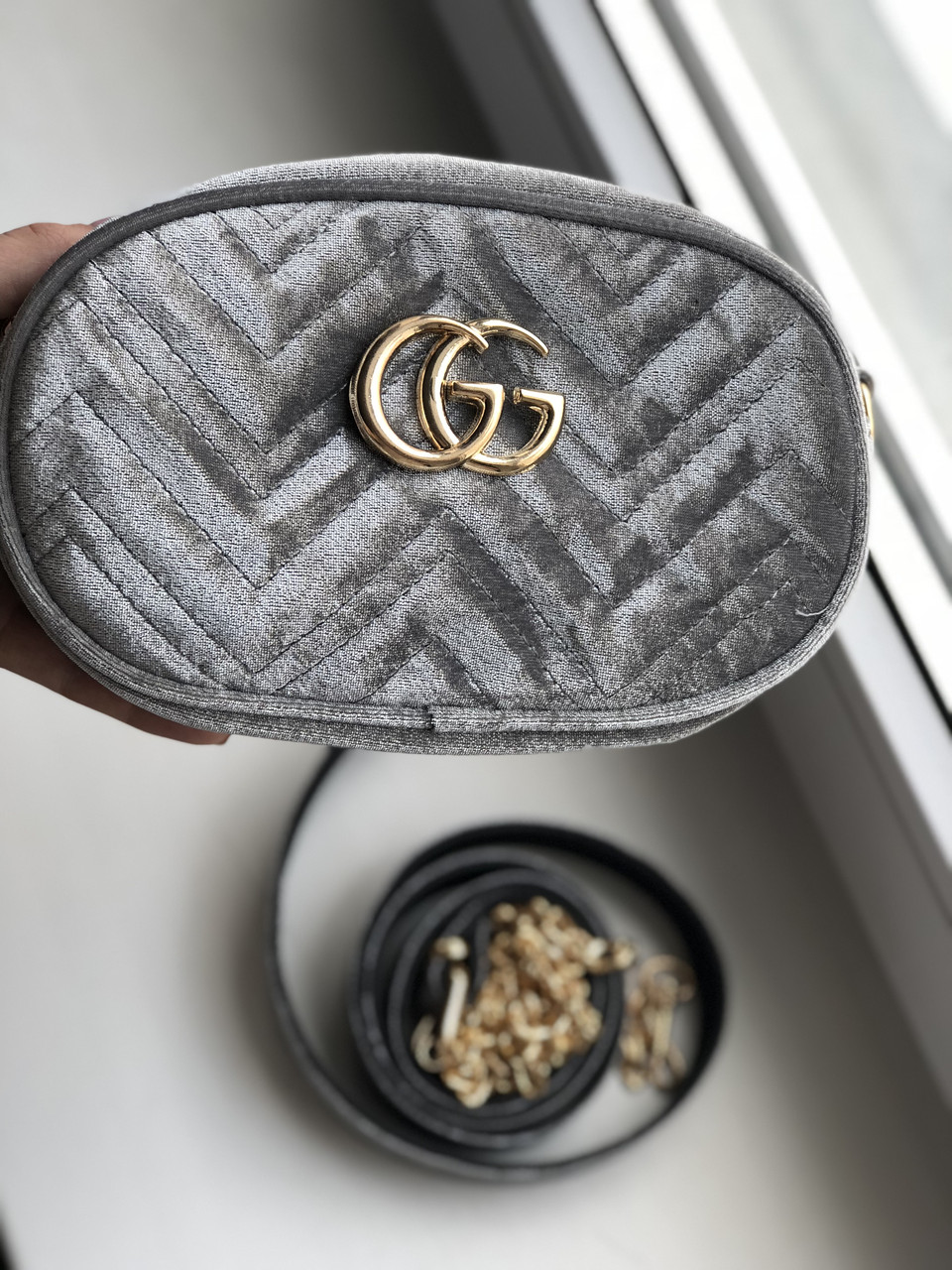 

Сумка на пояс в стиле Gucci бархат dark grey