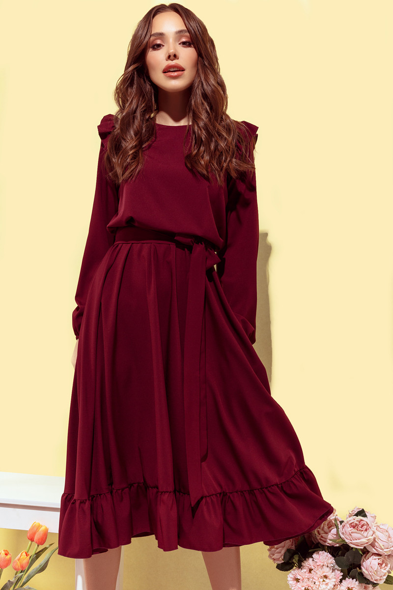 Платье женское с рюшиками(цвет Бордовый) 262-1 S,M...