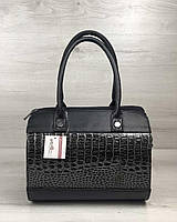 Жіноча сумка Маленький Саквояж чорного кольору зі вставкою сірий лаковий крокодил