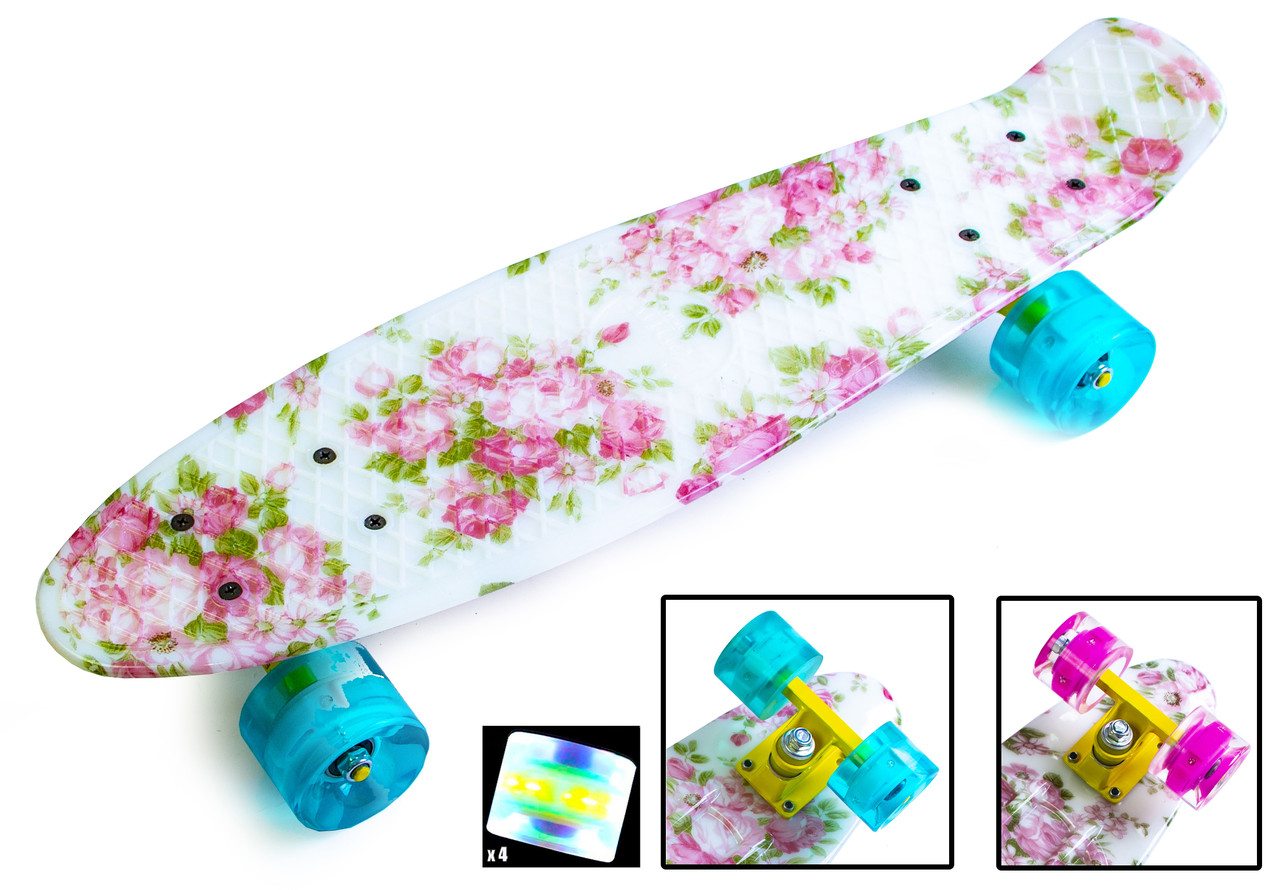 

Penny board "Flowers". Светящиеся колеса, Белый