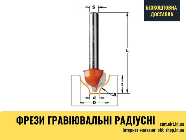 

Фреза пазовая фасонная гравировальная радиусные СМТ S=8 D=19 (965.001.11)