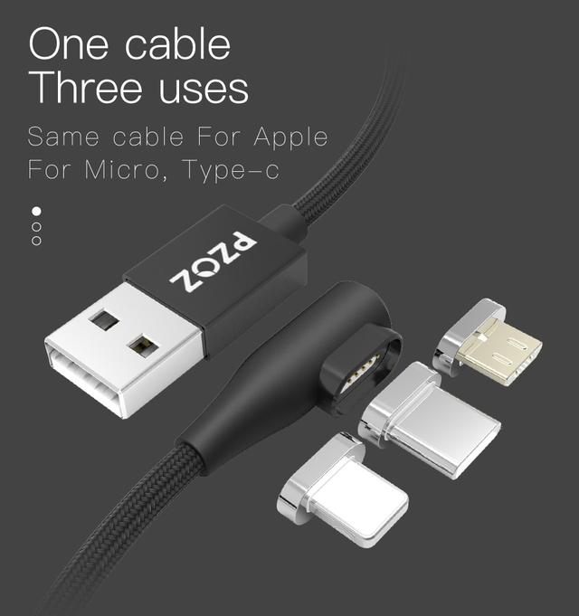 Магнитный кабель Lightning PZOZ с угловым подключением для зарядки iPhone/iPad/iPod Черный 1м