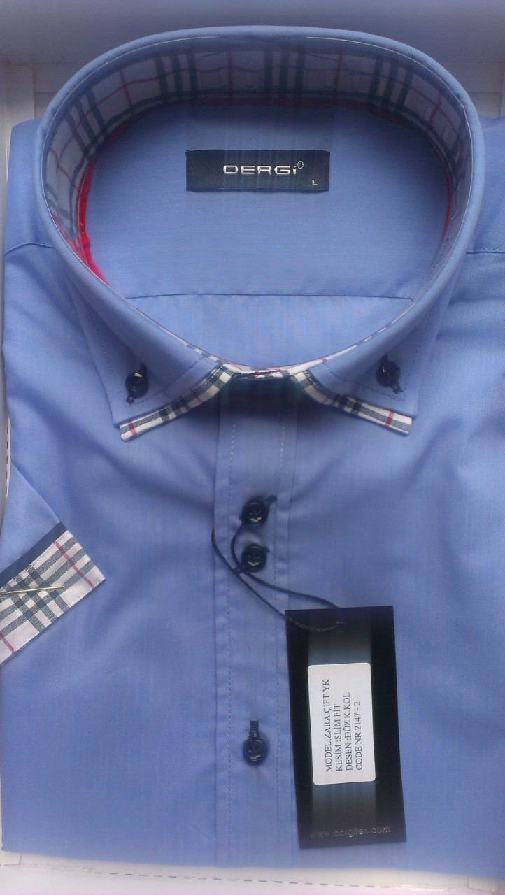 

Рубашка мужская с коротким рукавом приталенная DERGI с комбинированным воротником на пуговицах гол