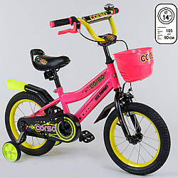 Двоколісний дитячий велосипед рожевий ручне гальмо дзвіночок кошик Corso 14" дітям 3-5 років