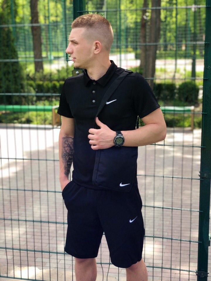 

Футболка Поло черная + Шорты. Барсетка в подарок! Nike (Найк) Костюм летний