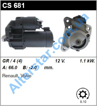 

Стартер CS681,12V-1.1kW-9/10t, Renault , Espace, Clio, Kangoo, Megane, Laguna, Scenic, Volvo, SASS Тайвань