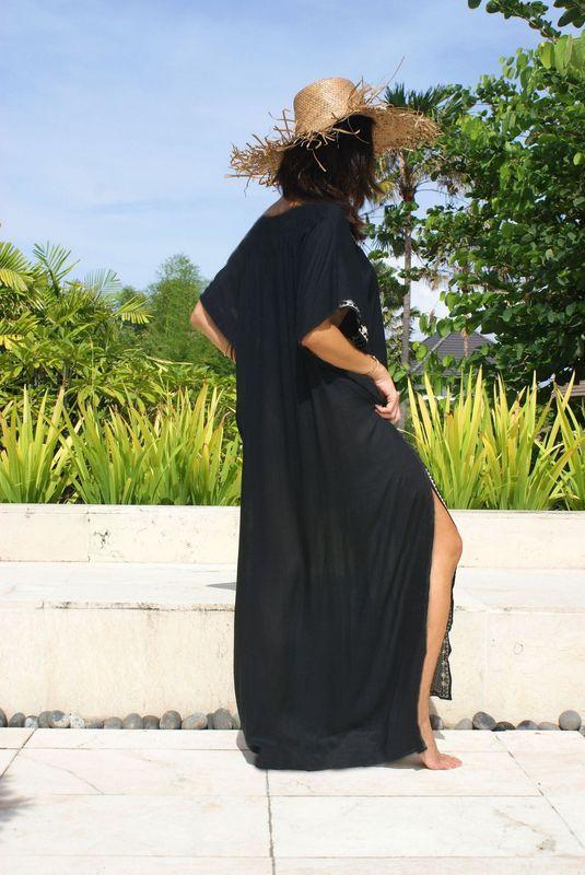 Довга пляжна туніка-плаття чорного кольору з вишивкою, фото 2