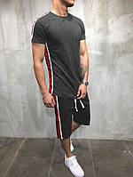 Мужской летний костюм/комплект/набор удлиненные шорты и футболка с лампасами/боковыми полосами, серый