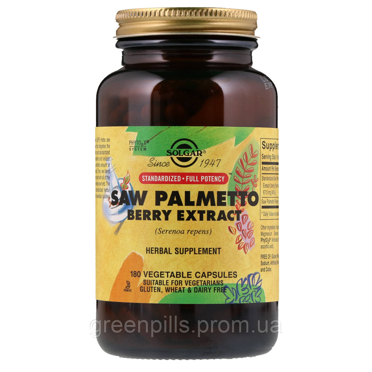 

Со Пальметто, экстракт ягод, Saw Palmetto, Solgar, 180 капсул