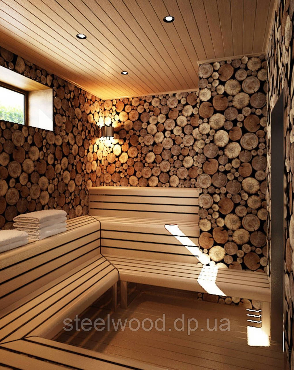 Декорирование стен бани срезами из дерева