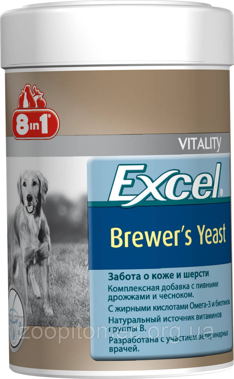 Витамины для собак 8in1 Excel Brewers Yeast для собак (140 таб)  Инструкция по применению Excel Brewers Yeast  8in1 EXCEL BREWER'S YEAST (8в1 Эксел Бреверс Ист) Пивные дрожжи ― комплексная добавка, содержащая пивные дрожжи и чеснок, богата витаминами группы В, маслом ценных пород рыб (источник жирных кислот Омега-3). Специальный баланс витаминов и микроэлементов способствует поддержанию здоровой кожи и блестящей шерсти.  Состав: пивные дрожжи (Saccharomyces cerevisiae), стеариновая кислота, глицерин, чеснок, сафлоровое масло, диоксид кремния, жир тунца. Не содержит искусственных консервантов и красителей. Анализ (средние значения): сырой белок 43%, сырой жир 7%,сырая клетчатка 1%, зола 9%, влага 8%. Витамины: витамин В1 800 мг/кг, витамин В2 500 мг/кг, витамин В6 50 мг/кг, биотин 1900 мг/кг, ниацин 1200 мг/кг. Микроэлементы: железо 1914 мг/кг, медь 2,5 мг/кг, марганец 323 мг/кг, цинк 3270 мг/кг, кобальт 114 мг/кг. Вес каждой таблетки (в среднем): 0,4 г.  Способ применения: давать собаке ежедневно по 1 таблетке на каждые 4 кг веса животного (перед кормлением). Рекомендуемый курс применения 14-30 дней. Изменение дозировки или повторный курс по показаниям.  Условия хранения: хранить при комнатной температуре в плотно закрытой упаковке, в местах недоступных для детей и животных.  Производитель: 8в1 (8in1 Pet Products GmbH), Германия