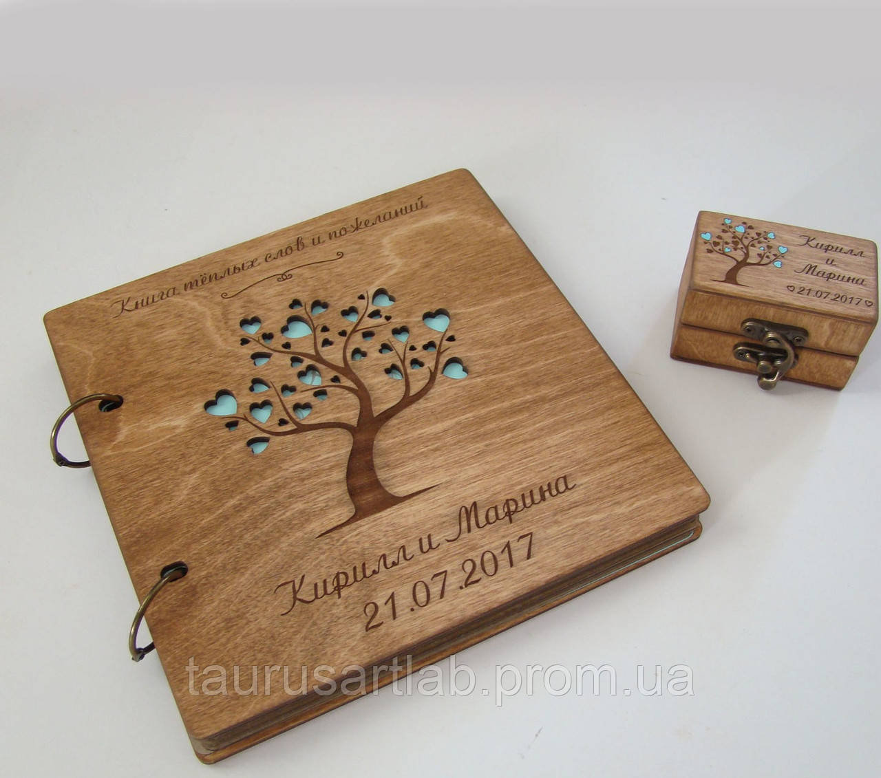 Деревянный свадебный комплект: шкатулка для колец + книга пожеланий с 