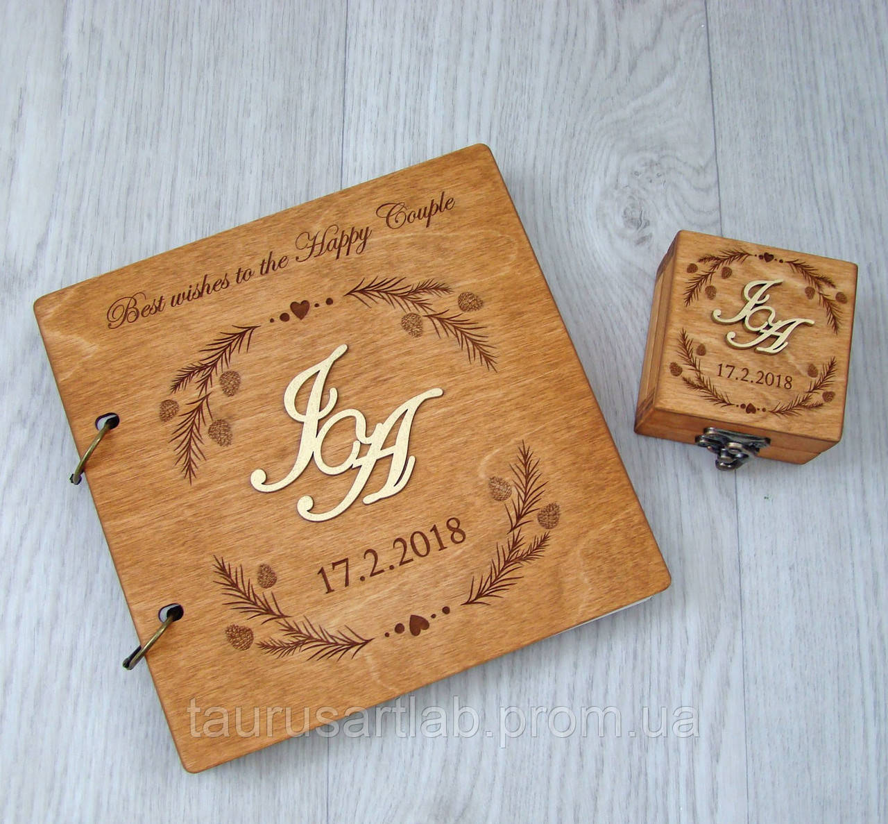 Деревянный свадебный комплект: шкатулка для колец + книга пожеланий с 