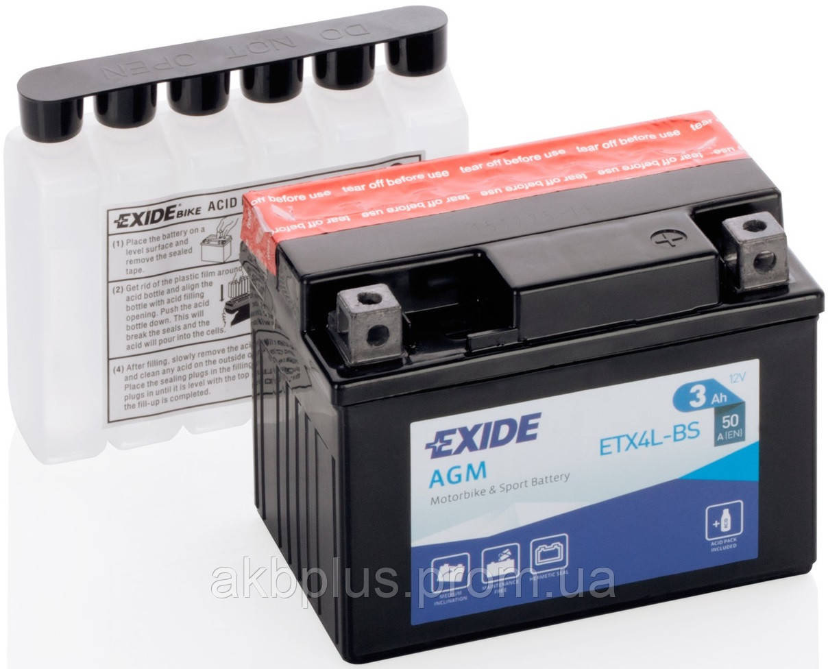 

Аккумулятор мотоциклетный 3Ah-12v Exide AGM (ETX4L-BS) (113х70х85) R, EN50