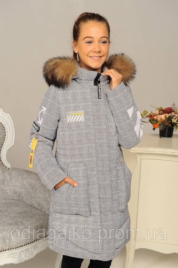 

Куртка детская для девочки зима Софи СЕРАЯ принт 3 - 140см капюшон, мех натуральный, Серый
