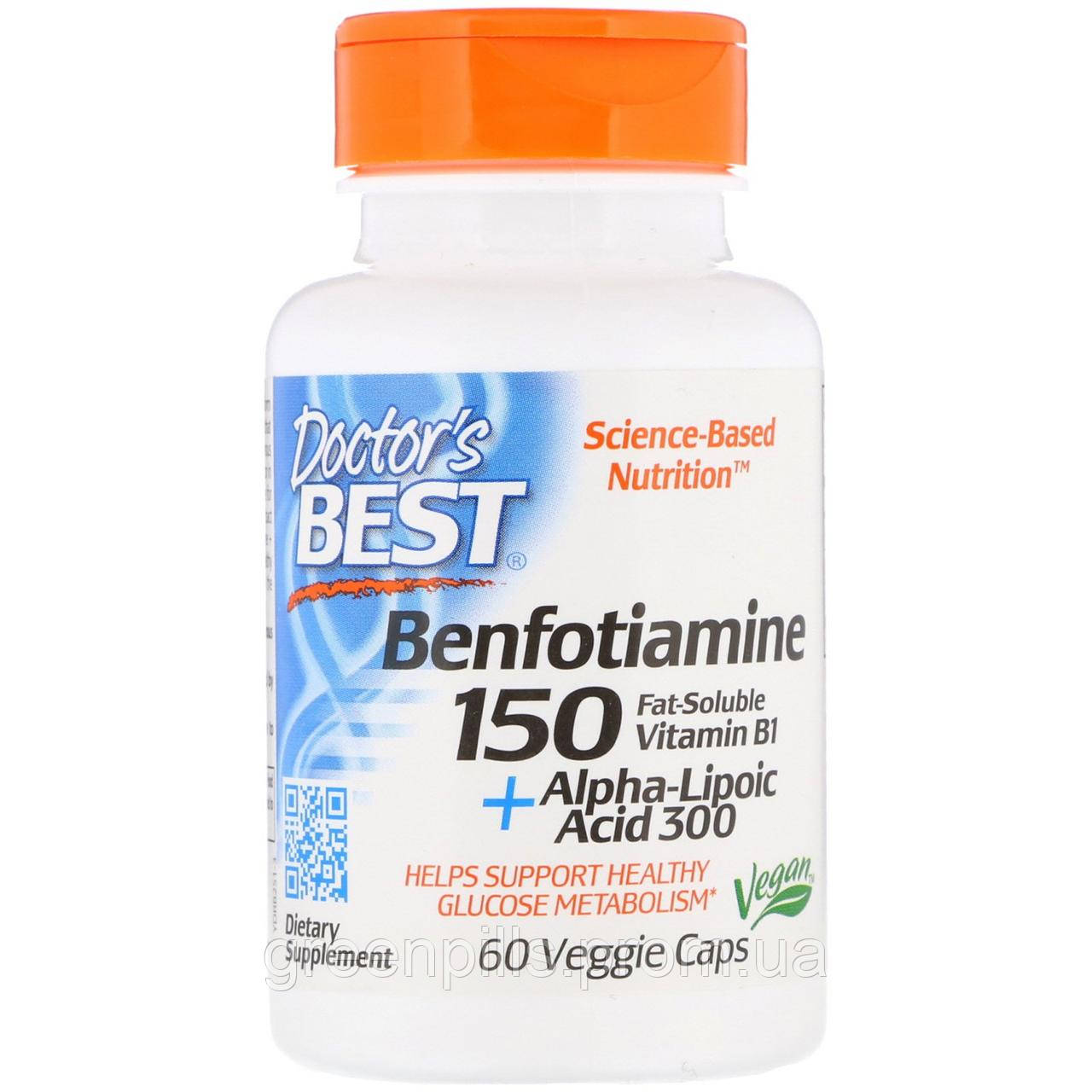 

Альфа-липоевая кислота + Бенфотиамин, Benfotiamine + Alpha-Lipoic Acid, Doctor's Best, 150/300 мг, 60 капсул