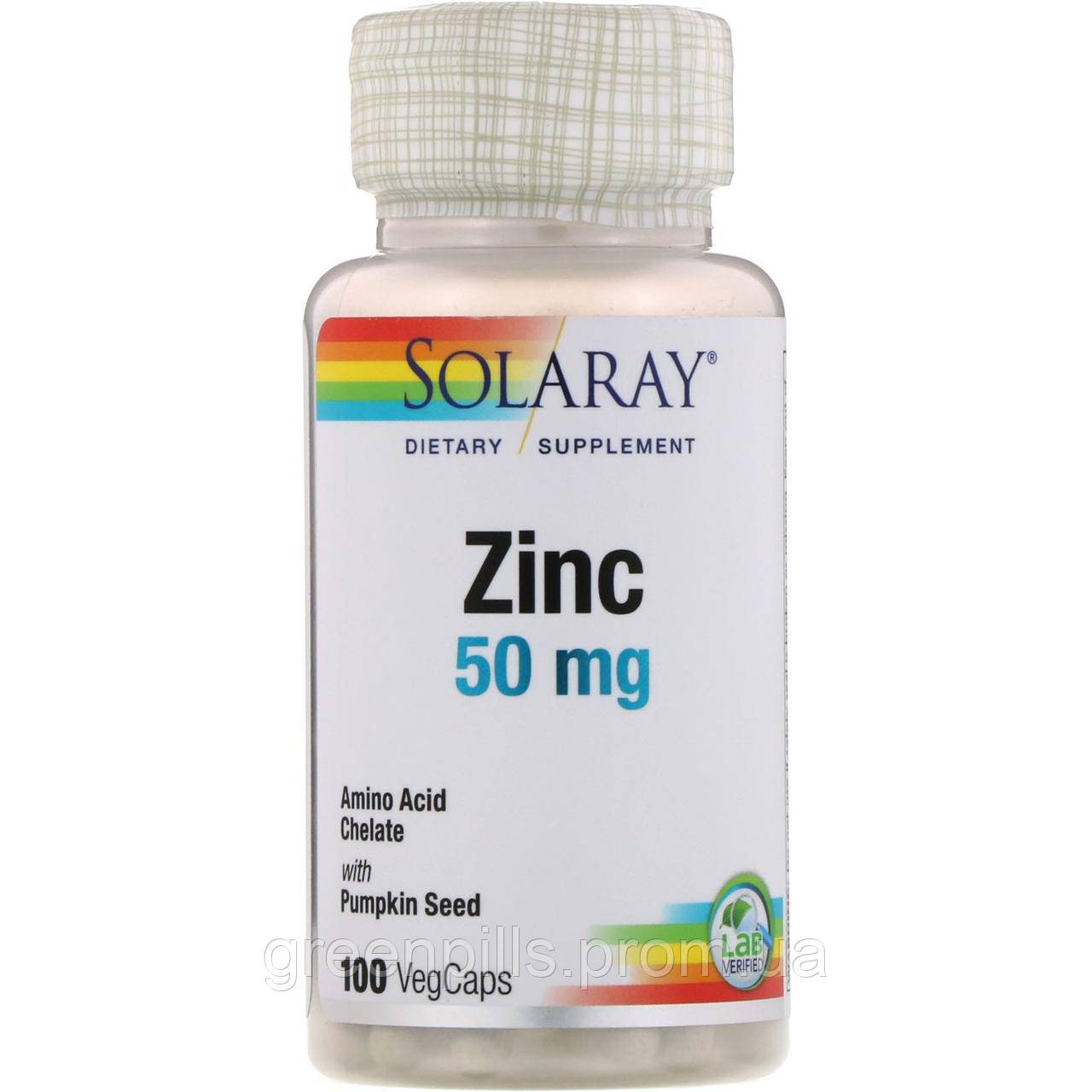 

Хелатный цинк, Zinc, Solaray, 50 мг, 100 капсул
