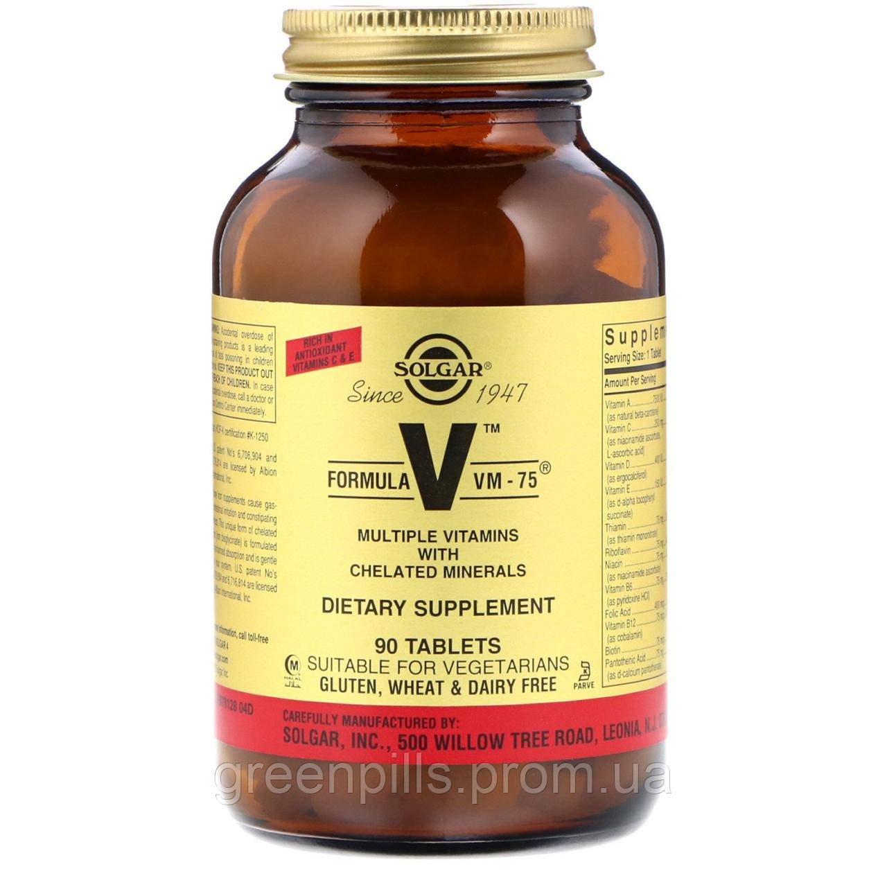 

Мультивитамины Formula V, VM-75, Multiple Vitamins with Minerals, Solgar, 90 таблеток