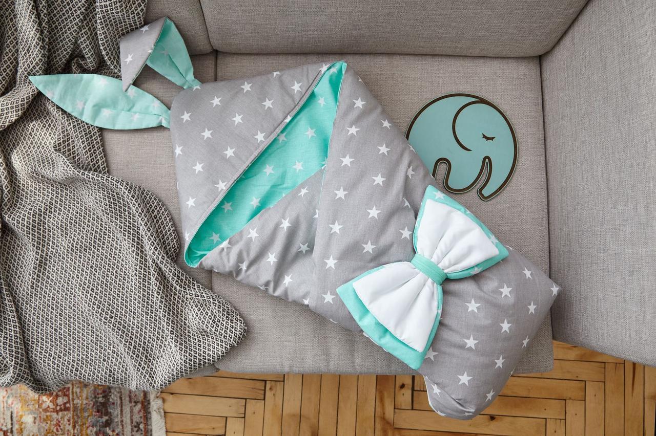 Конверт-одеяло для малыша Добрый Сон "Капюшон с ушками Зайки" 100*80 см Для мальчиков, мятно-серый