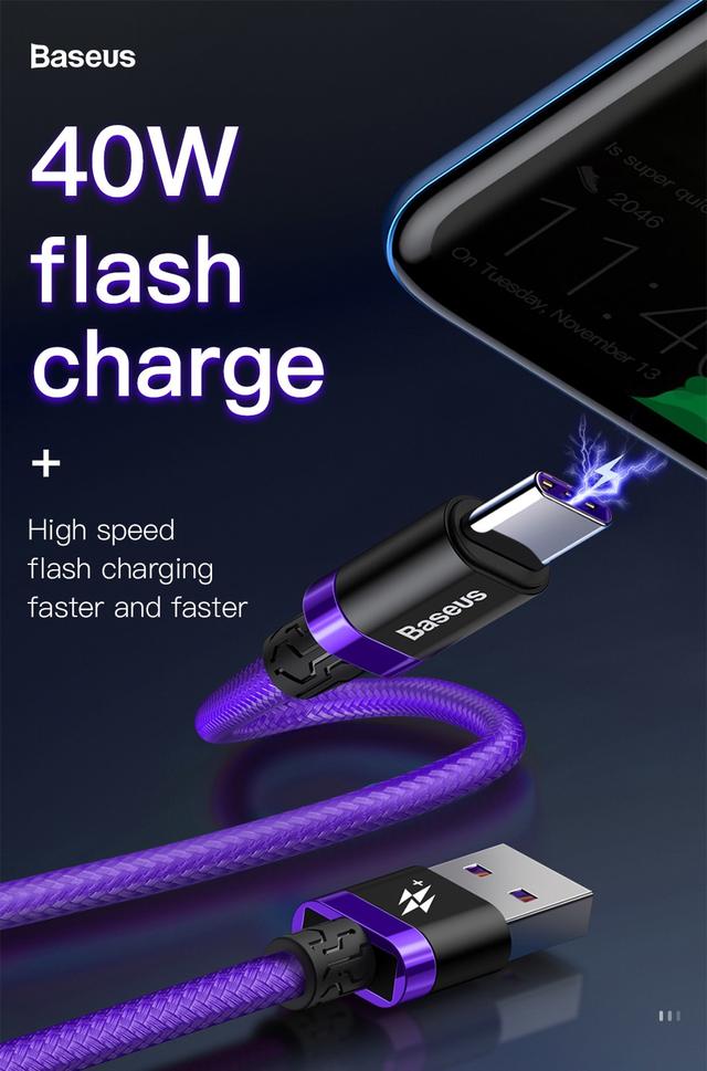 Кабель USB Type-C Baseus для быстрой зарядки передачи данных CATZH-A 5A 1м Черный Фиолетовый Красный