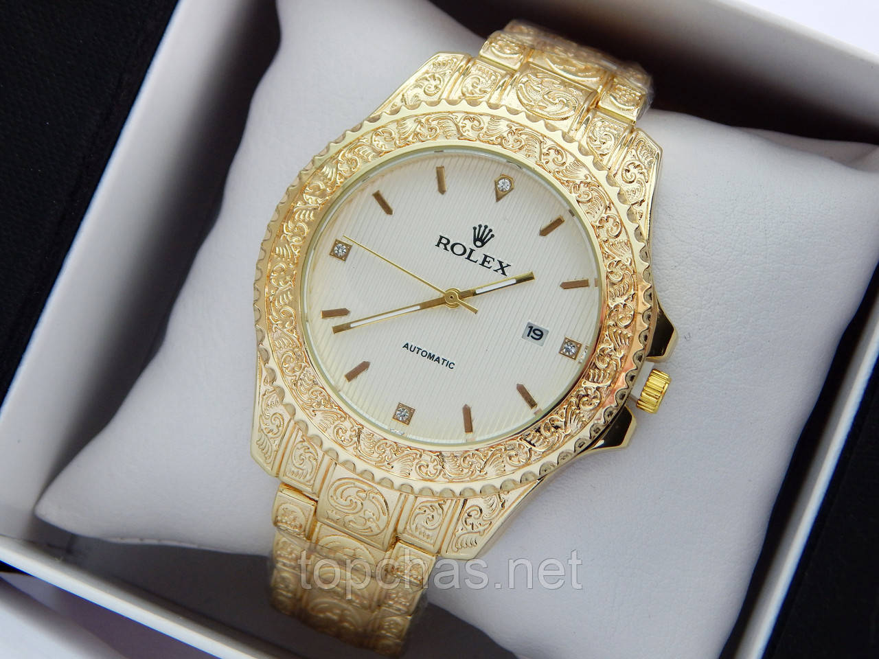 

Rolex - кварцевые наручные часы с узором, золотого цвета с белым циферблатом