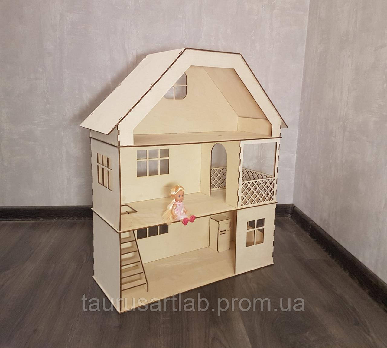 Деревянный кукольный домик с террасой натурального цвета, 56*64*20 см