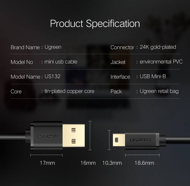 Кабель Mini USB Ugreen US132 для зарядки и передачи данных Черный 0.5м 1м 2м 3м Характеристики