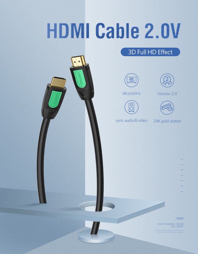 HDMI кабель V2.0 Ugreen HD101 с поддержкой FullHD/4K/3D video resolution, многоканальный звук 5.1/7.1 1m 1.5m 2m 3m 5m