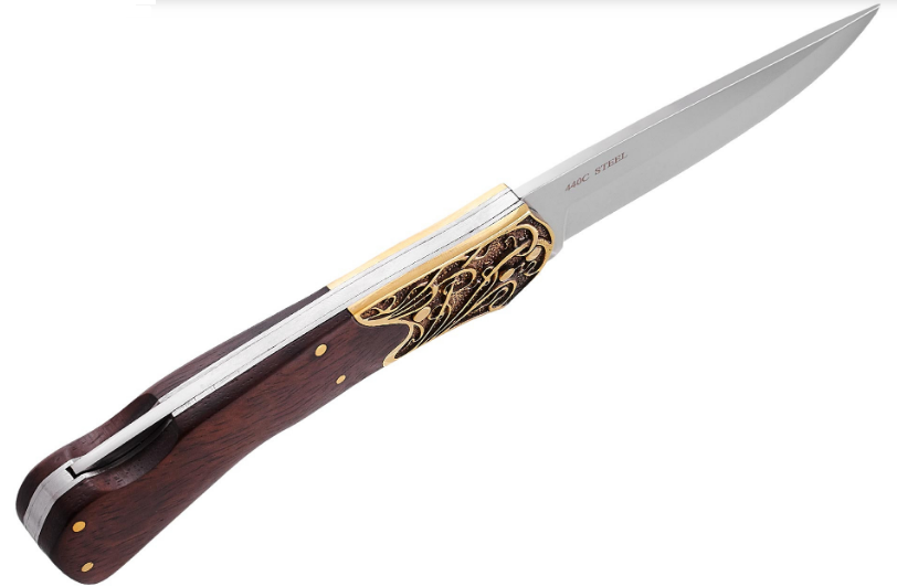 Нож складной с металлической и деревянной рукояткой, увесистый, крупный, с красивыми узорчатыми больстерами, Коричневый