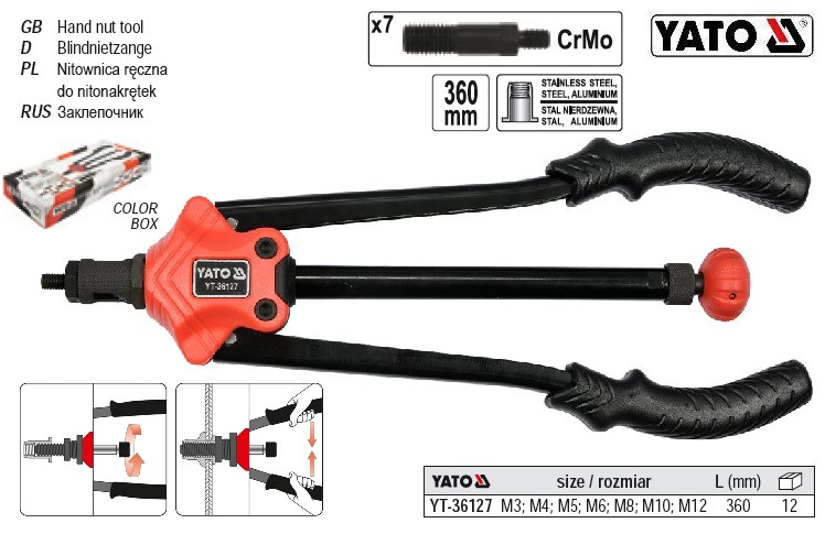 

Заклепочник дворучний для нюто-гайок М3; М4; М5; М6; М8; М10; М12 l=360 мм YATO Польща YT-36127