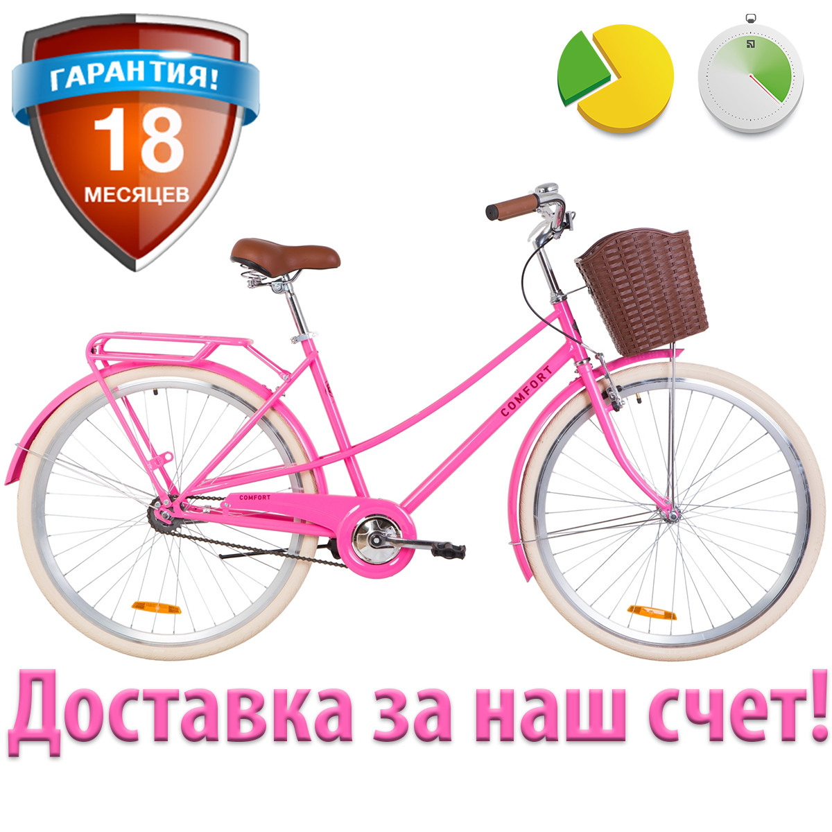 Женский велосипед с корзиной и багажником 28