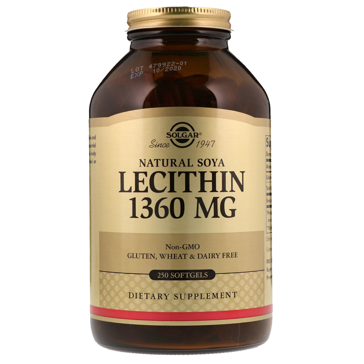 Лецитин Неотбеленный 1360 мг, Natural Soya Lecithin, Solgar, 250 желат