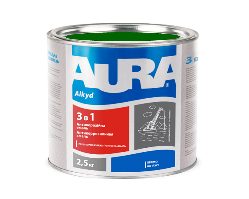 

Эмаль-грунт алкид-уретановая AURA 3 в 1 антикоррозионная зеленая 2,5л