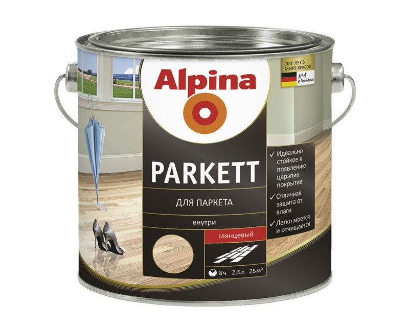 

Лак для паркета ALPINA PARKETT ГЕРМАНИЯ алкид-уретановый глянецевый 2,5л