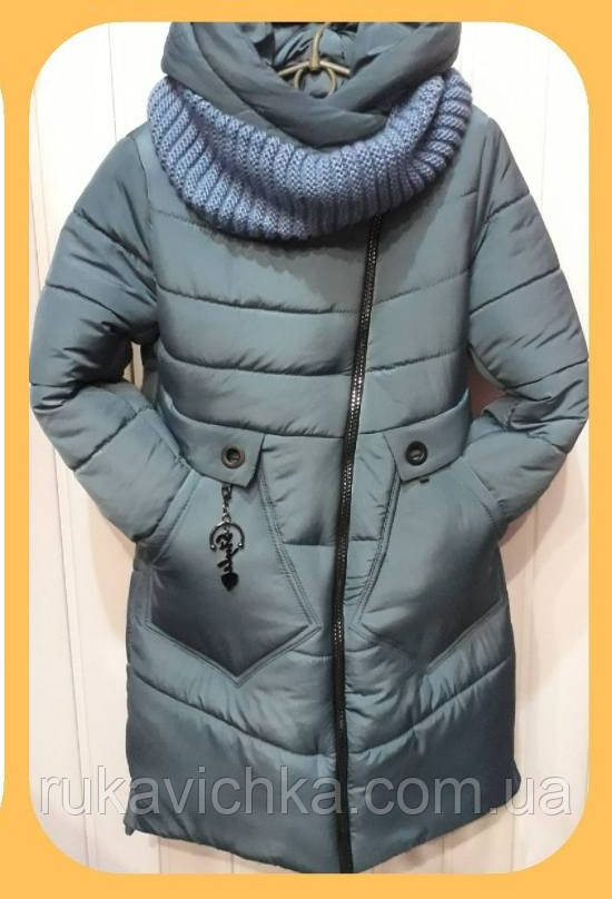 

Теплая зимняя куртка (пальто) с хомутом для девочки, р. 152, Джинс