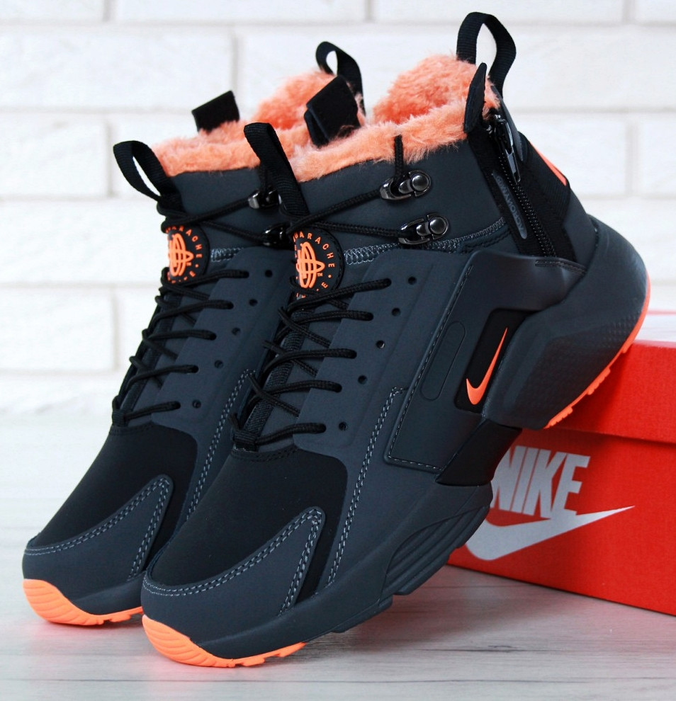 

Мужские зимние кроссовки с мехом в стиле Nike Huarache Acronym Concept Black Orange черно-оранжевые, Черный