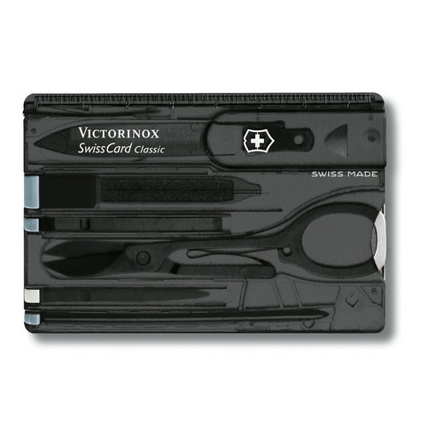 

Нож Victorinox Vx07133.T3B1 SWISSCARD 82х54х4мм, 10функ, черн.прозр , ножн, ручка (блистер)