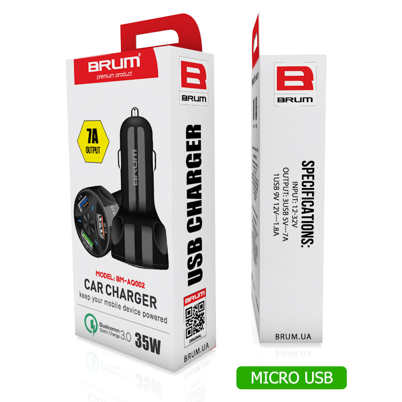 

Зарядное устройство автомобильное Micro USB BRUM BM-AQ002 QC3.0 (3USB 7A)