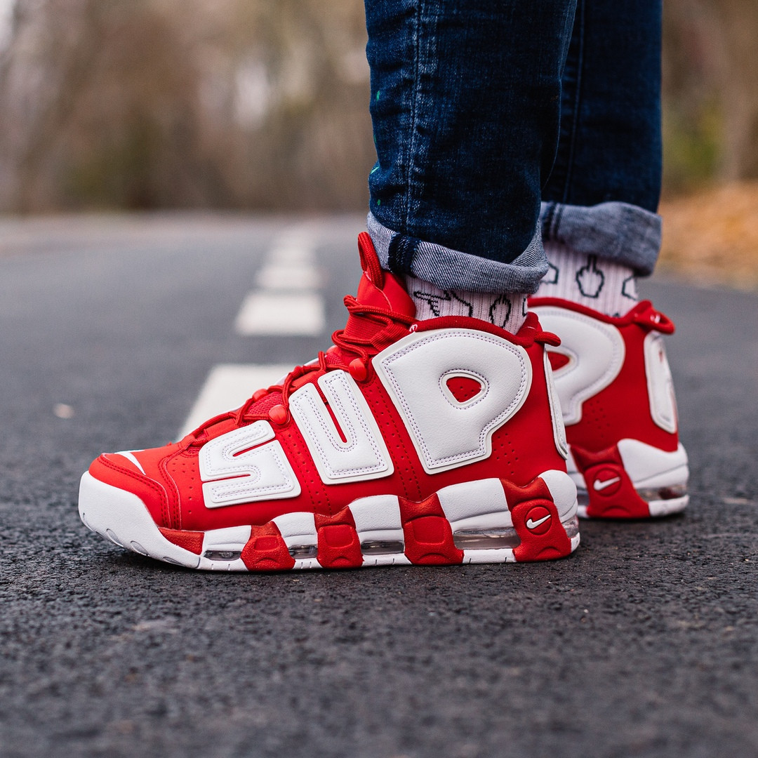 

Кроссовки Nike Air More Uptempo x Supreme, красные, в стиле Найк Аптемпо Супрем, кожа, код IN-277 40