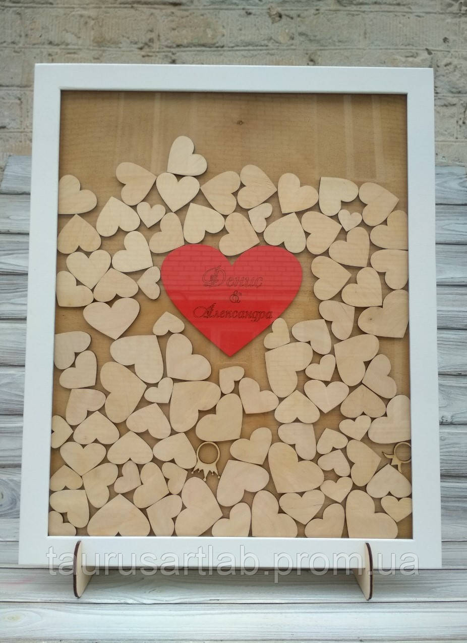 Стильная деревянная рамка, копилка для пожеланий с сердечками натураль