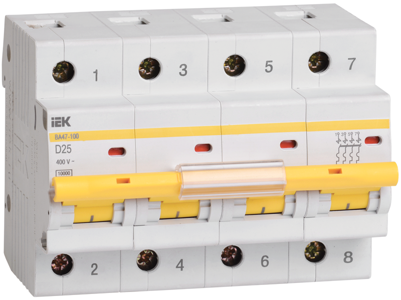 

Автоматический выключатель ВА47-100 4Р 25А 10кА х-ка D (MVA40-4-025-D) IEK