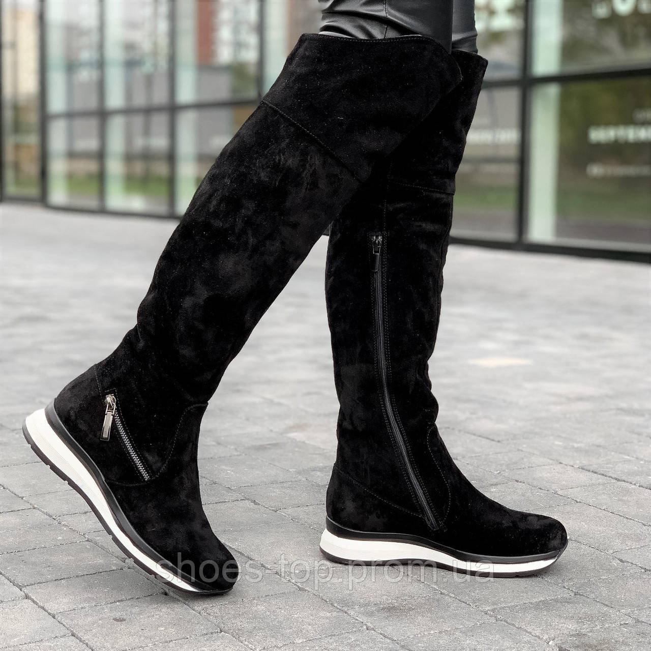 Cапоги ботфорты женские без каблука зимние замшевые черные (Код: Ш1611)