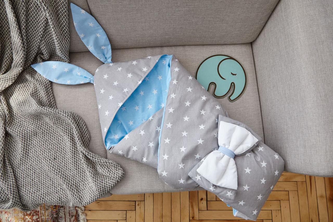Конверт-одеяло для малыша Добрый Сон "Капюшон с ушками Зайки" 100*80 см Серо-голубой